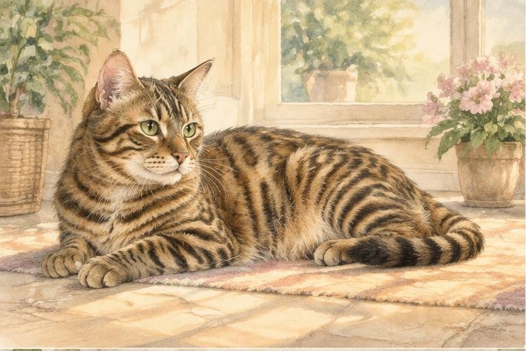 Watercolor of a Bengal cat resting in afternoon sunlight
